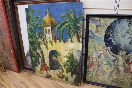 Vogler, oil on board, Arab street scene, 88 x 64cm, unframed and two other pictures